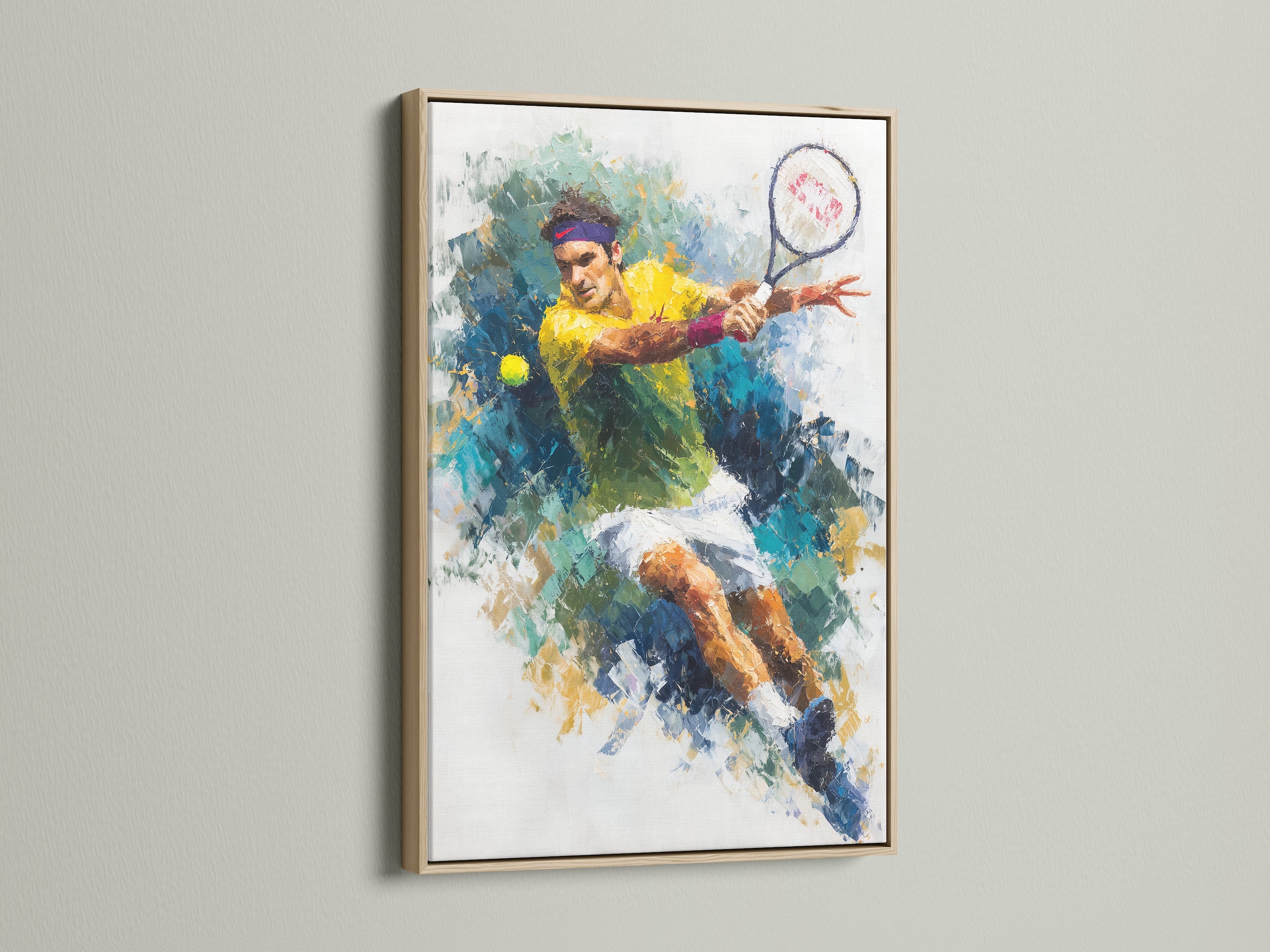 This is a Tennis player artwork in an oak frame. The sports canvas art adds a touch of modern energy. This watercolor tennis print is ideal for a game room. The athletic home wall art enhances any sports-themed space. Perfect for sports fans and athletes alike.