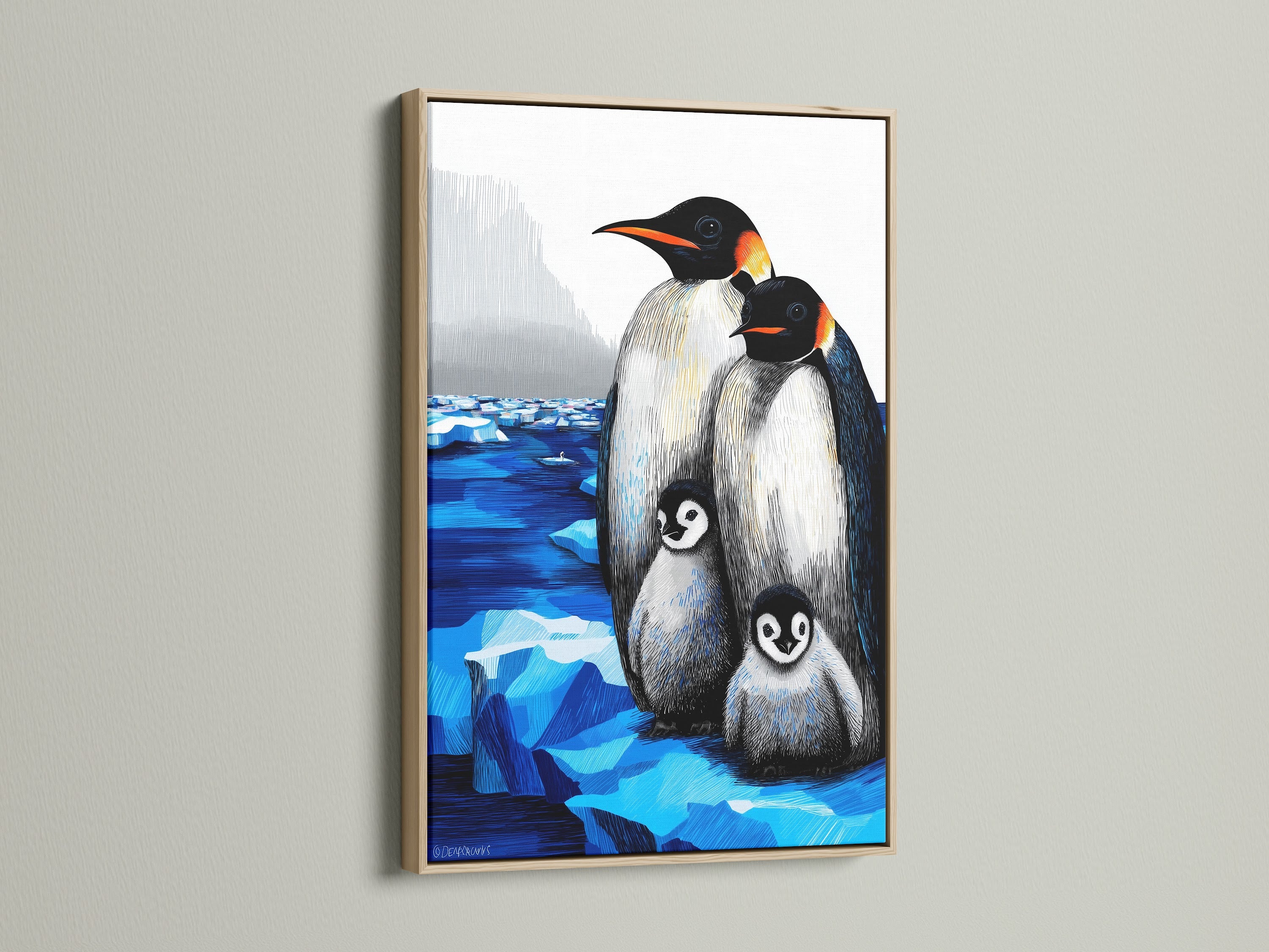 Penguin Family Canvas Print with an Oak Frame. This arctic wildlife artwork adds charm to any space. The oak frame enhances the modern design. Ideal for a kids room or nursery with a Scandinavian style. Order yours today.