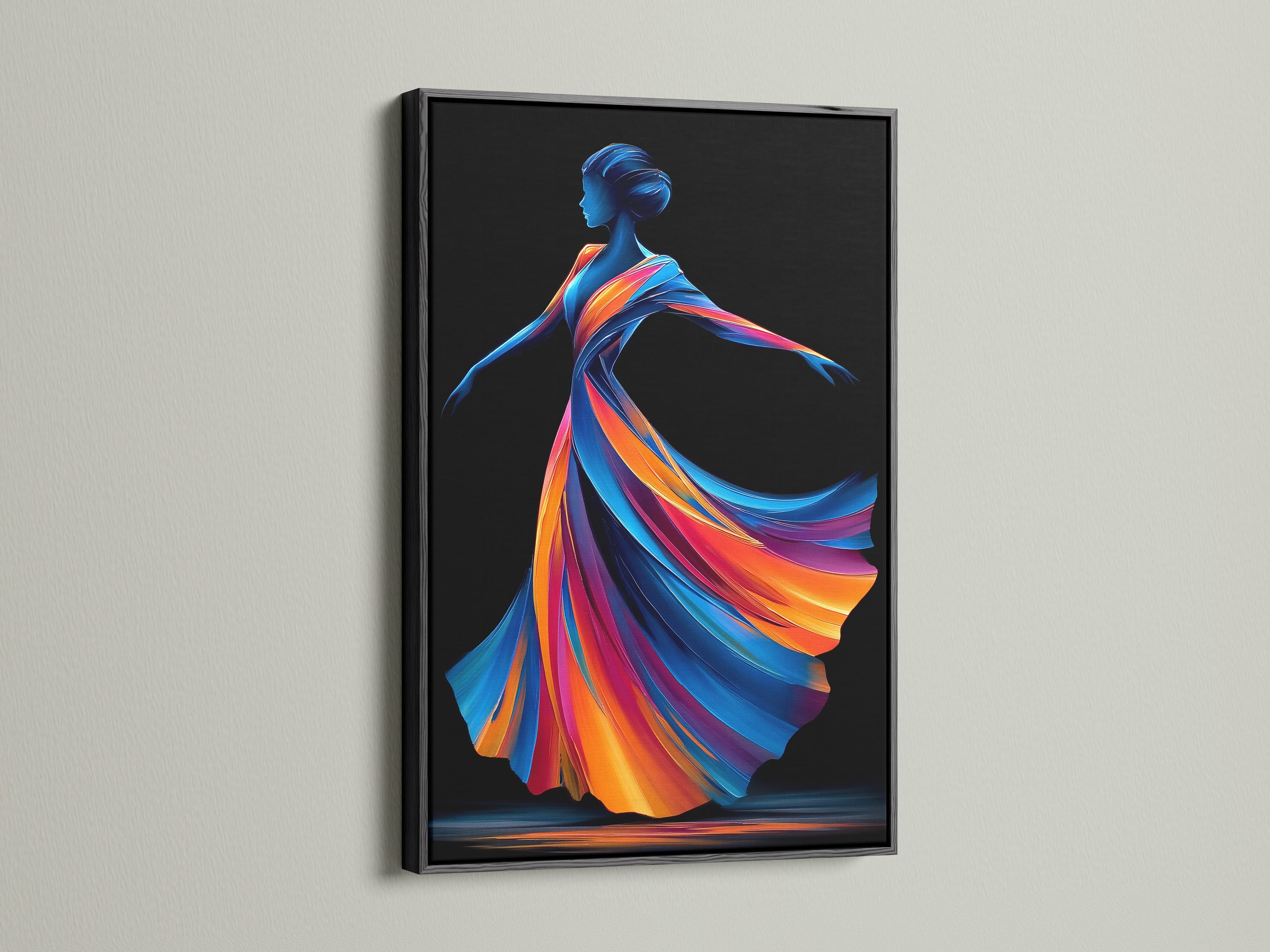 The Dancing Woman art is showcased in a black frame. The artwork features a colorful abstract figure. This frame adds a touch of elegance. This modern canvas print enhances any space. See figure canvas art.