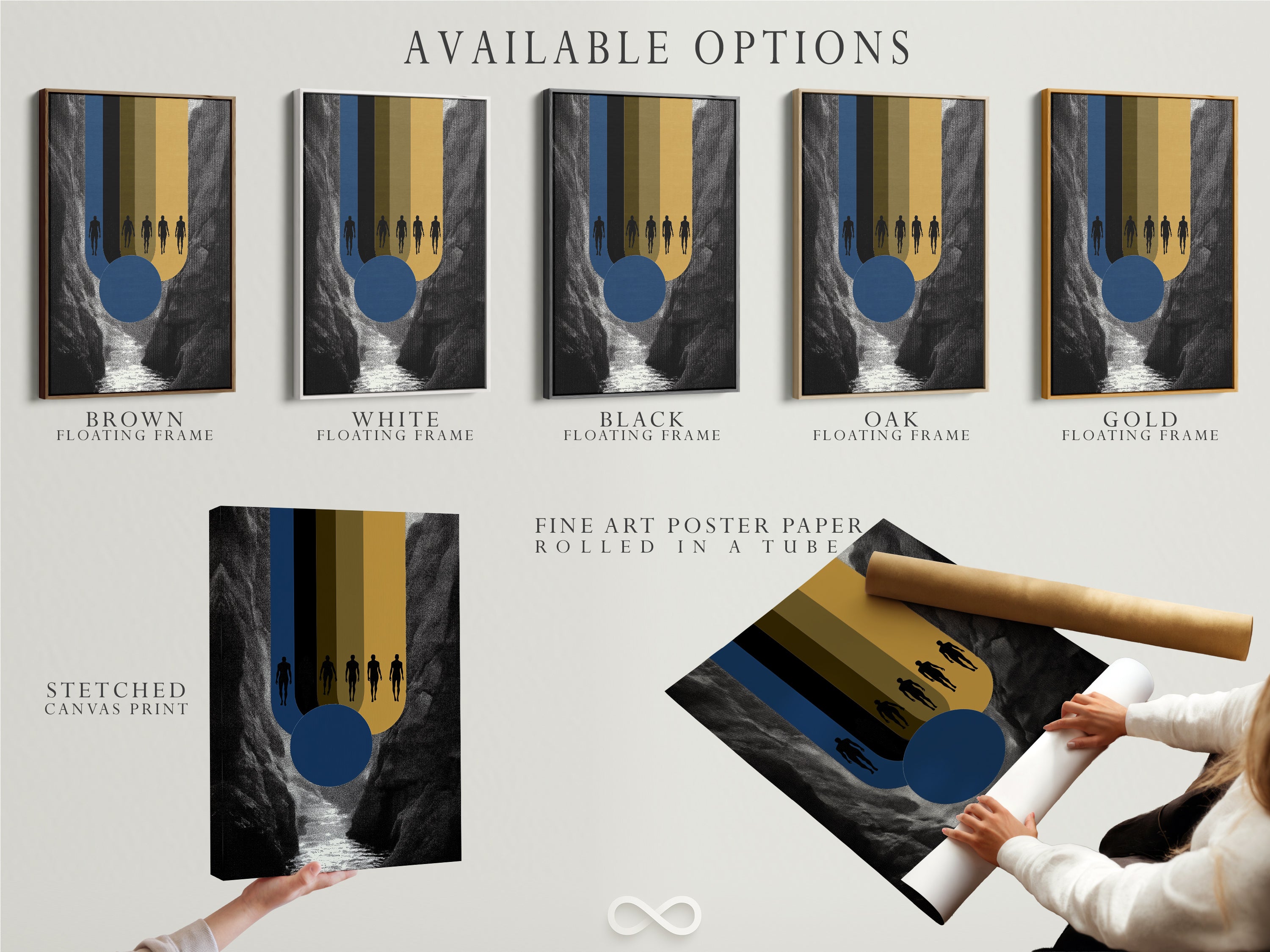 Available options for the abstract figures artwork. This includes a stretched canvas print. Fine art poster paper and a floating frame. Choose the perfect style to complement your modern wall decor.