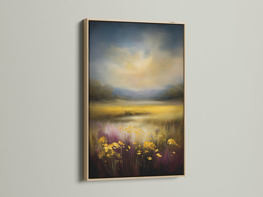 This is a golden meadow artwork with an oak frame. The impressionist landscape painting is perfect for home decor. The floral field art is a great fit for minimalist Scandinavian farmhouse or eclectic styles.