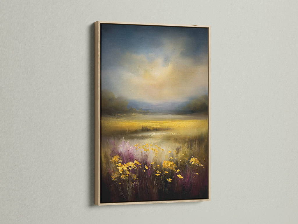 Golden Field canvas artwork is presented in an oak frame. This impressionist landscape print features mustard yellow floral art ideal for home decor. Enhance your living room bedroom or office with this nature art print. It offers a serene touch to any space including studios lobbies and clinics.