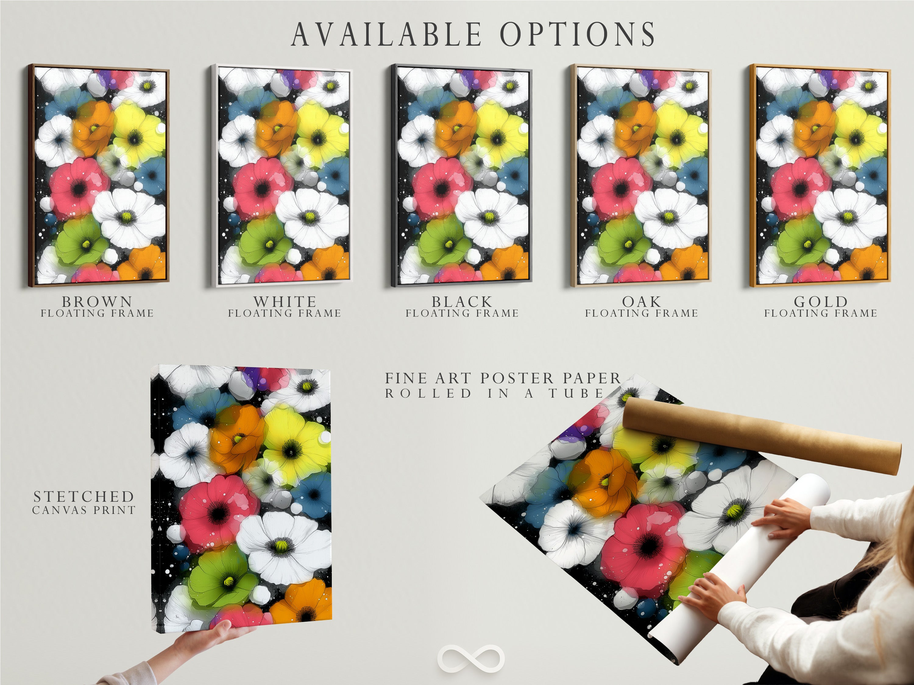 Available options for the Colorful Poppies artwork are displayed. Options include stretched canvas print fine art poster paper and floating frame. Choose the perfect format. Enhance your living space with modern botanical art. Explore floral wall decor and vibrant flowers art.