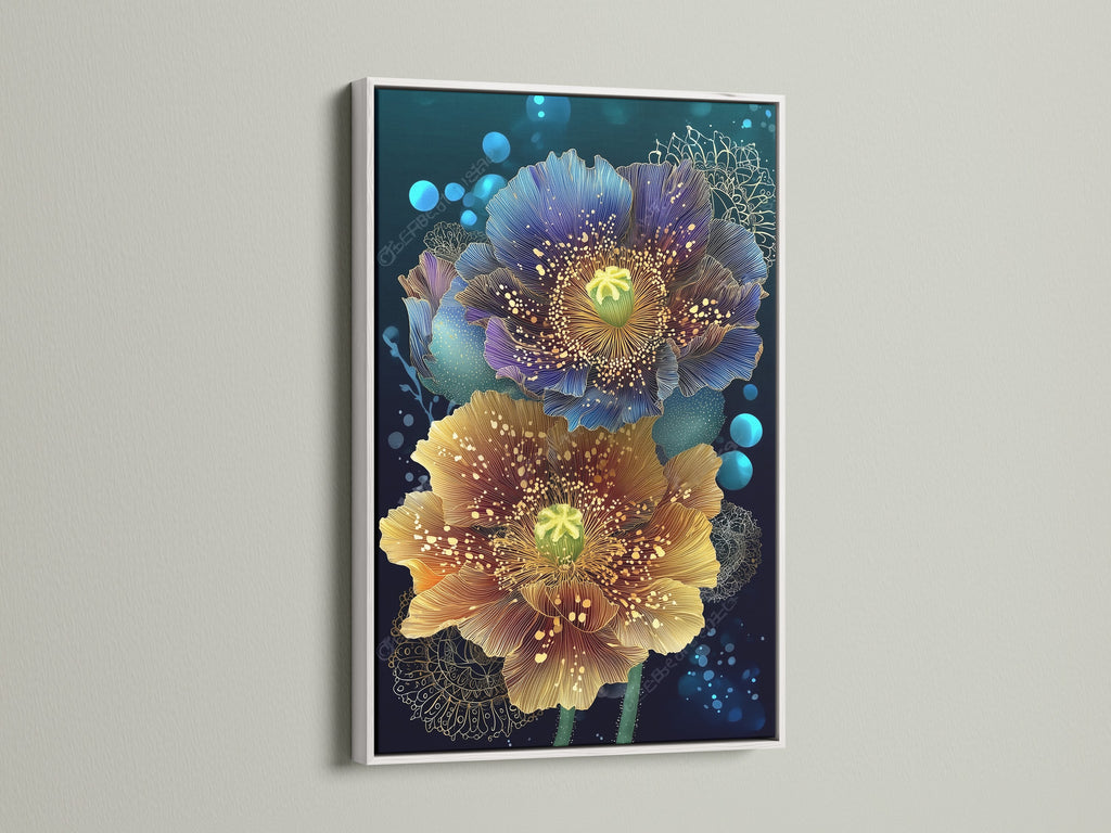 Floral canvas print featuring teal and gold botanical artwork. The print is showcased in a white frame. This modern flower artwork is perfect for a bedroom. Enhance your space with teal wall art!