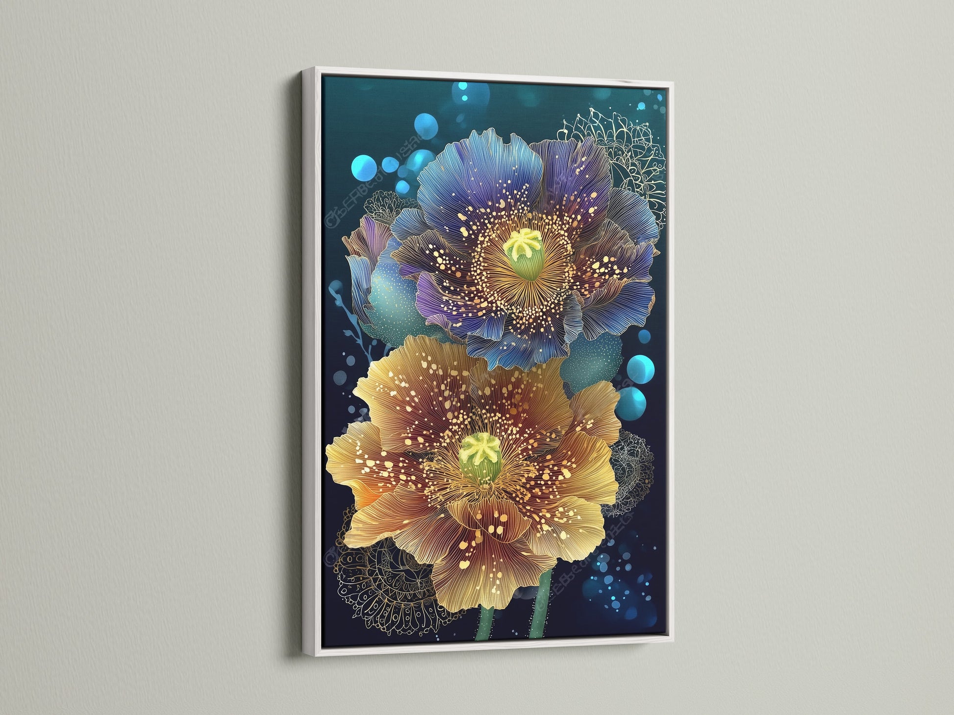 Floral canvas print featuring teal and gold botanical artwork. The print is showcased in a white frame. This modern flower artwork is perfect for a bedroom. Enhance your space with teal wall art!