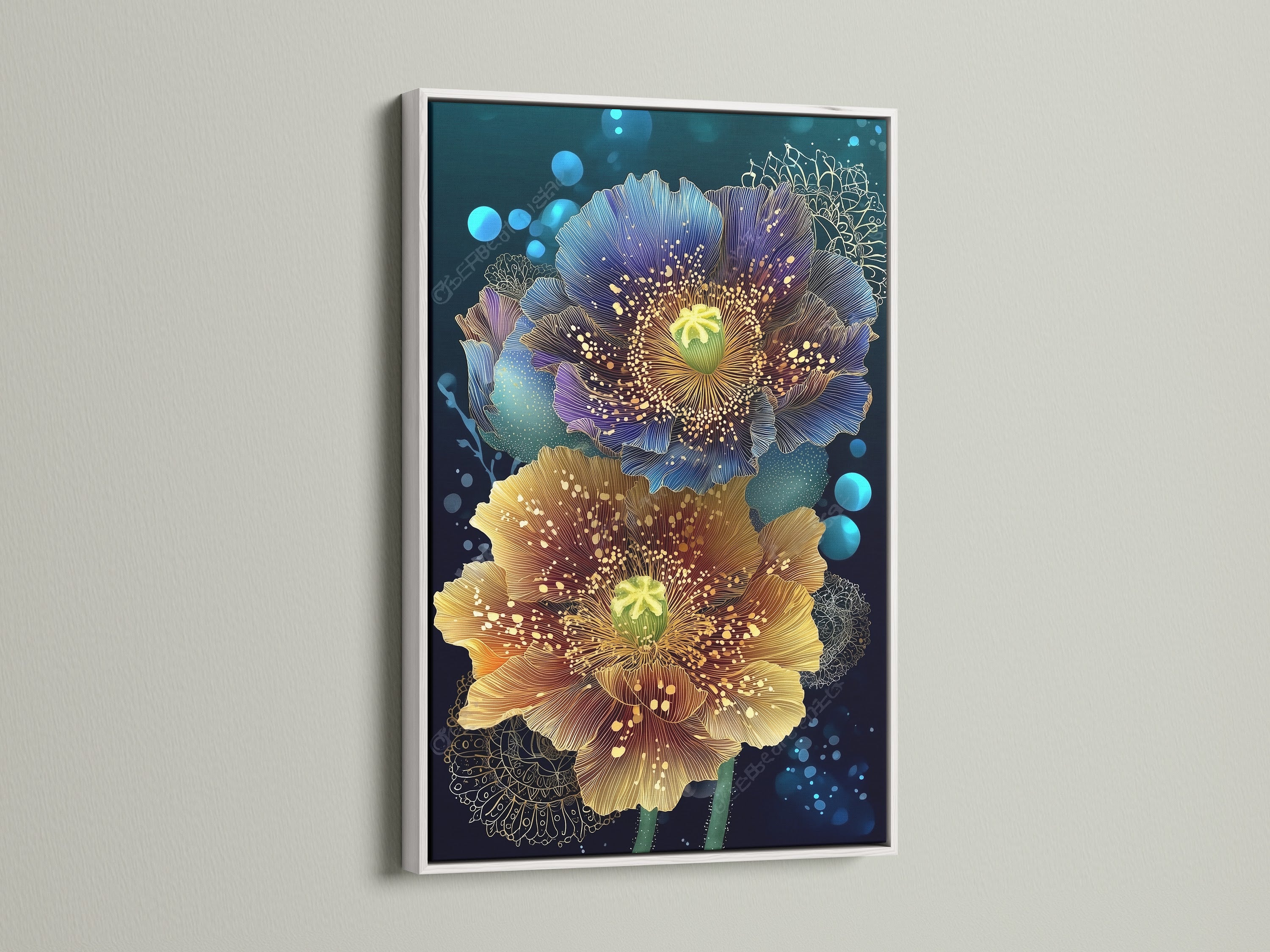 Floral canvas print featuring teal and gold botanical artwork. The print is showcased in a white frame. This modern flower artwork is perfect for a bedroom. Enhance your space with teal wall art!
