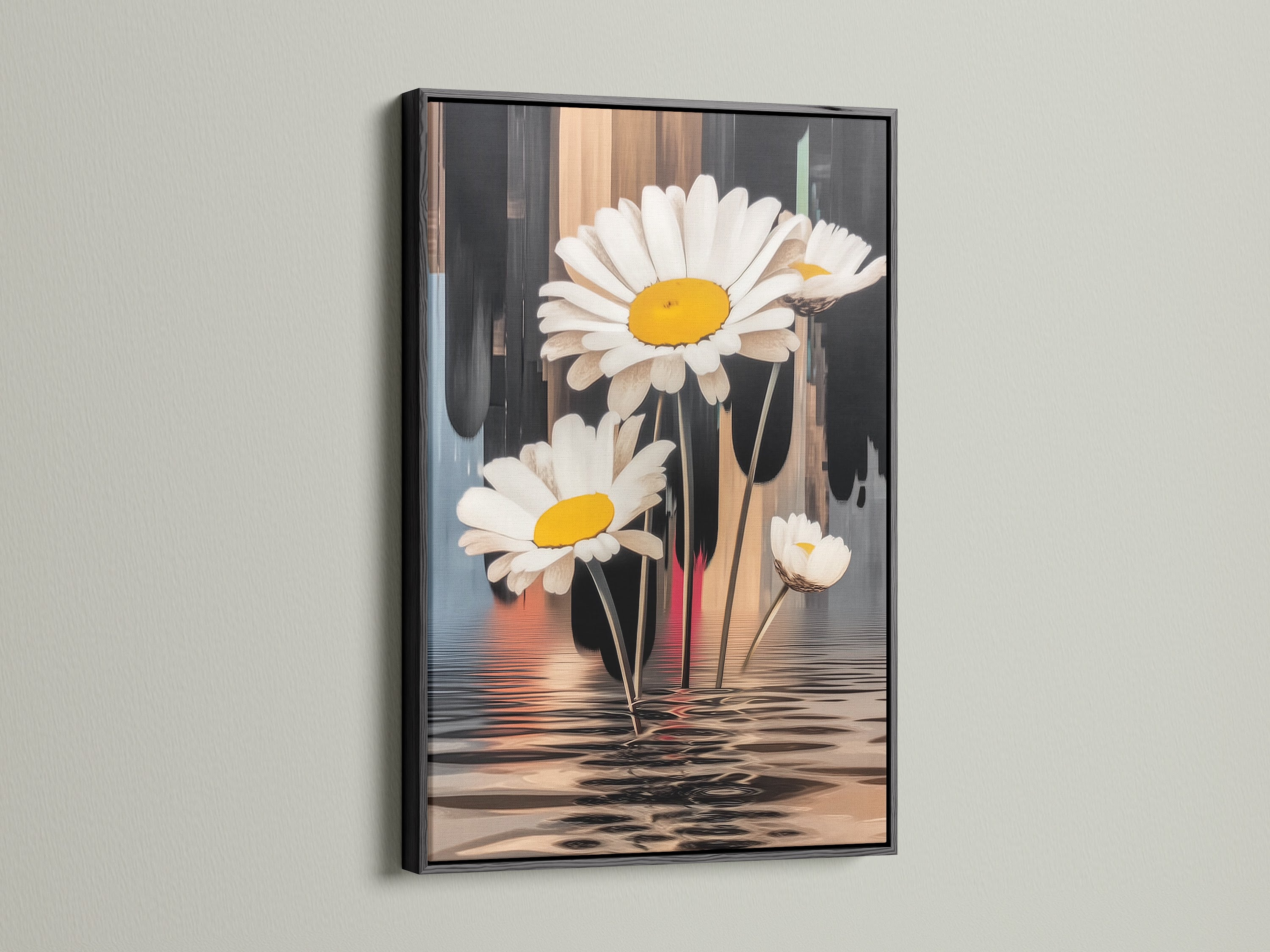 The daisy artwork is presented in a sleek black frame. The black frame adds a bold contrast to the floral art. This piece is ideal for modern minimalist and Scandinavian decor. The artwork brings nature indoors with its floral design.
