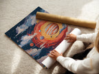 A woman is carefully rolling a fine art poster paper. This space art print is ready for framing. The cosmic lighthouse artwork is perfect for astronomy enthusiasts and sci-fi art lovers.