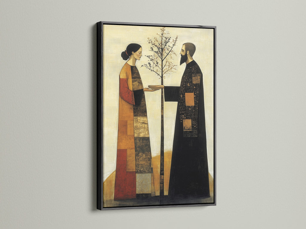 Modern folk art canvas print in a black frame. This earthy tones art shows a couple planting a tree. The contemporary artwork is ideal for a bedroom. This art fits minimalist Scandinavian or eclectic styles. The piece is modern.