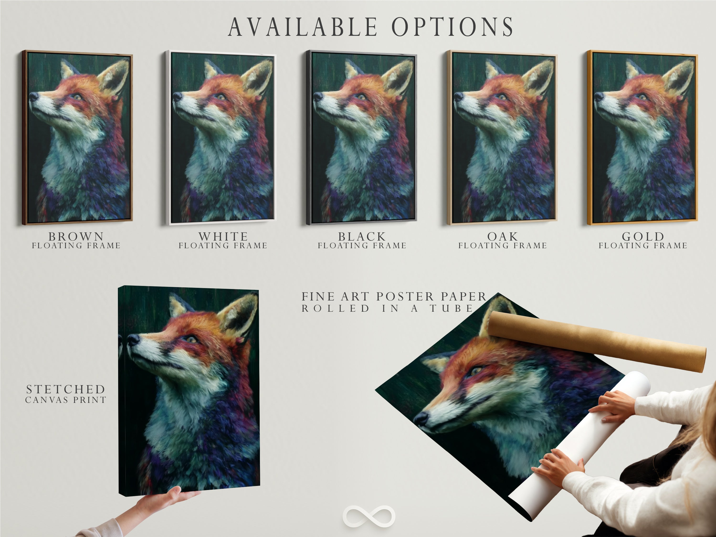 Available options for this fox portrait artwork. Choose from a stretched canvas print a fine art poster paper or a floating frame. Customize this modern wildlife artwork to suit your personal style and space.