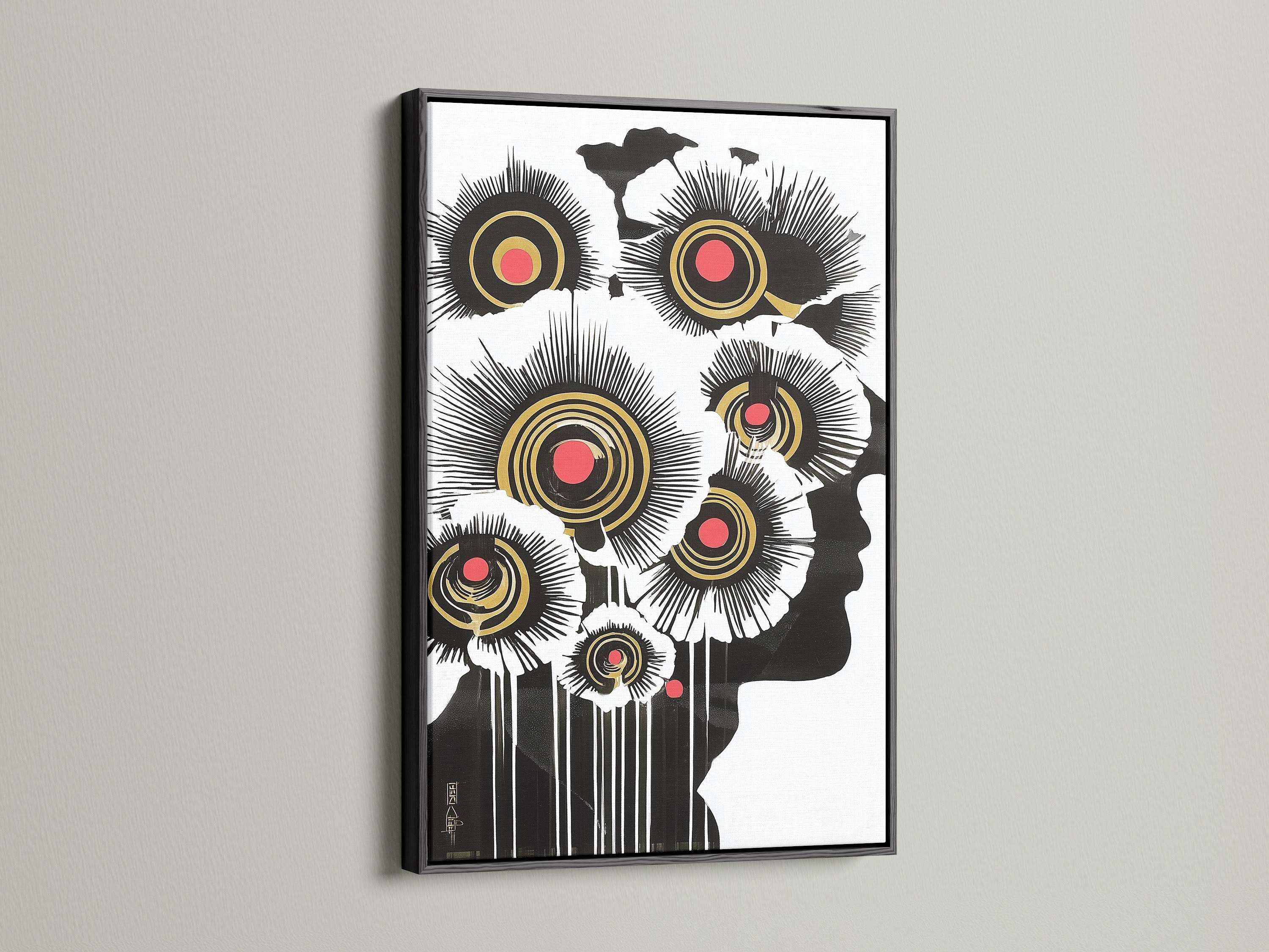 This black frame enhances the abstract floral canvas print. The modern botanical wall art features a black white and gold color palette. A sophisticated choice for urban dwellers and creative professionals. It will complement minimalist contemporary or art deco interiors.