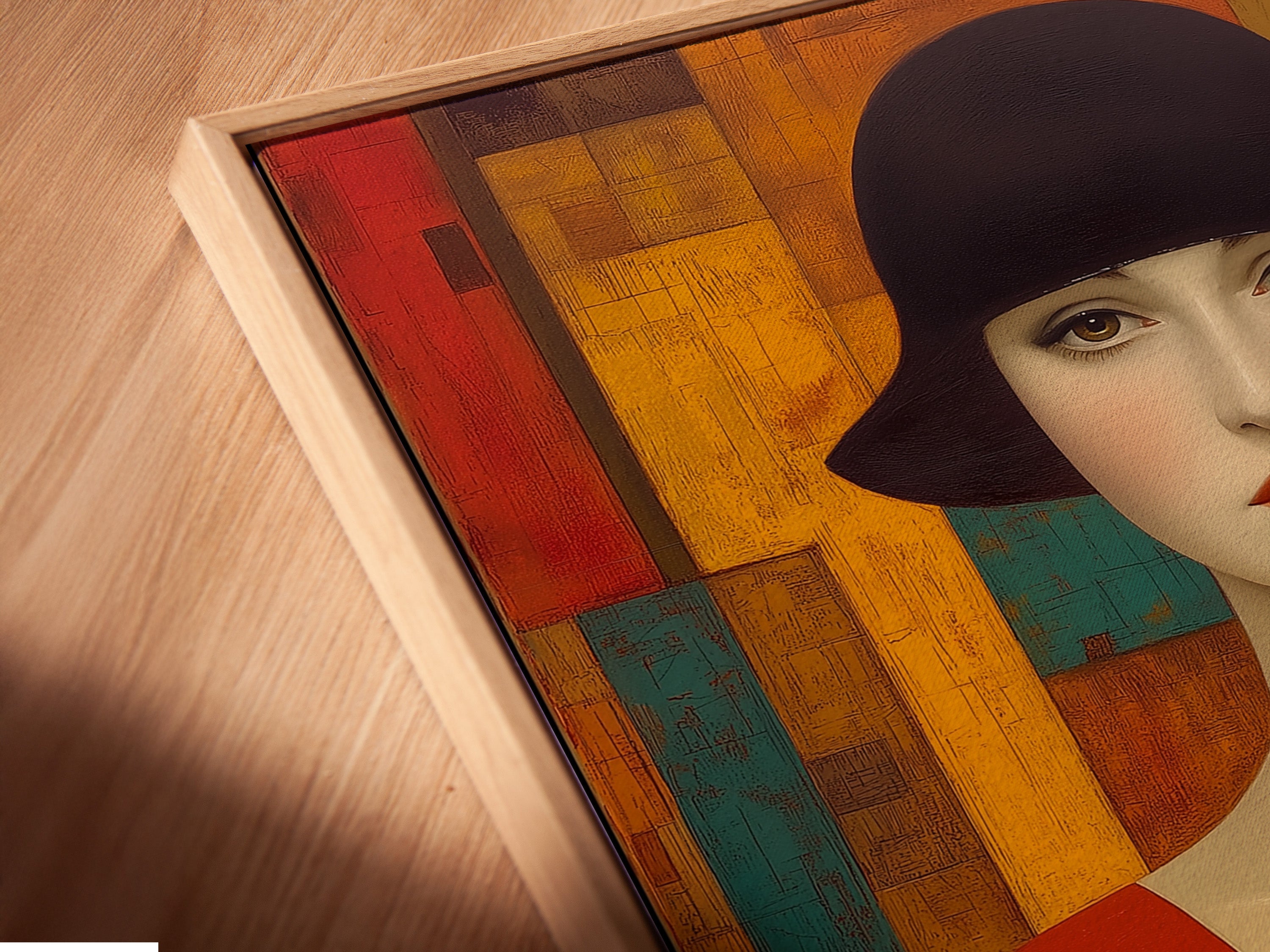 A close-up angle showcases a canvas print of an art deco woman portrait. The artwork is displayed in a floating frame. This vintage-style art print adds depth and sophistication to your home decor. A perfect blend of retro and modern styles.