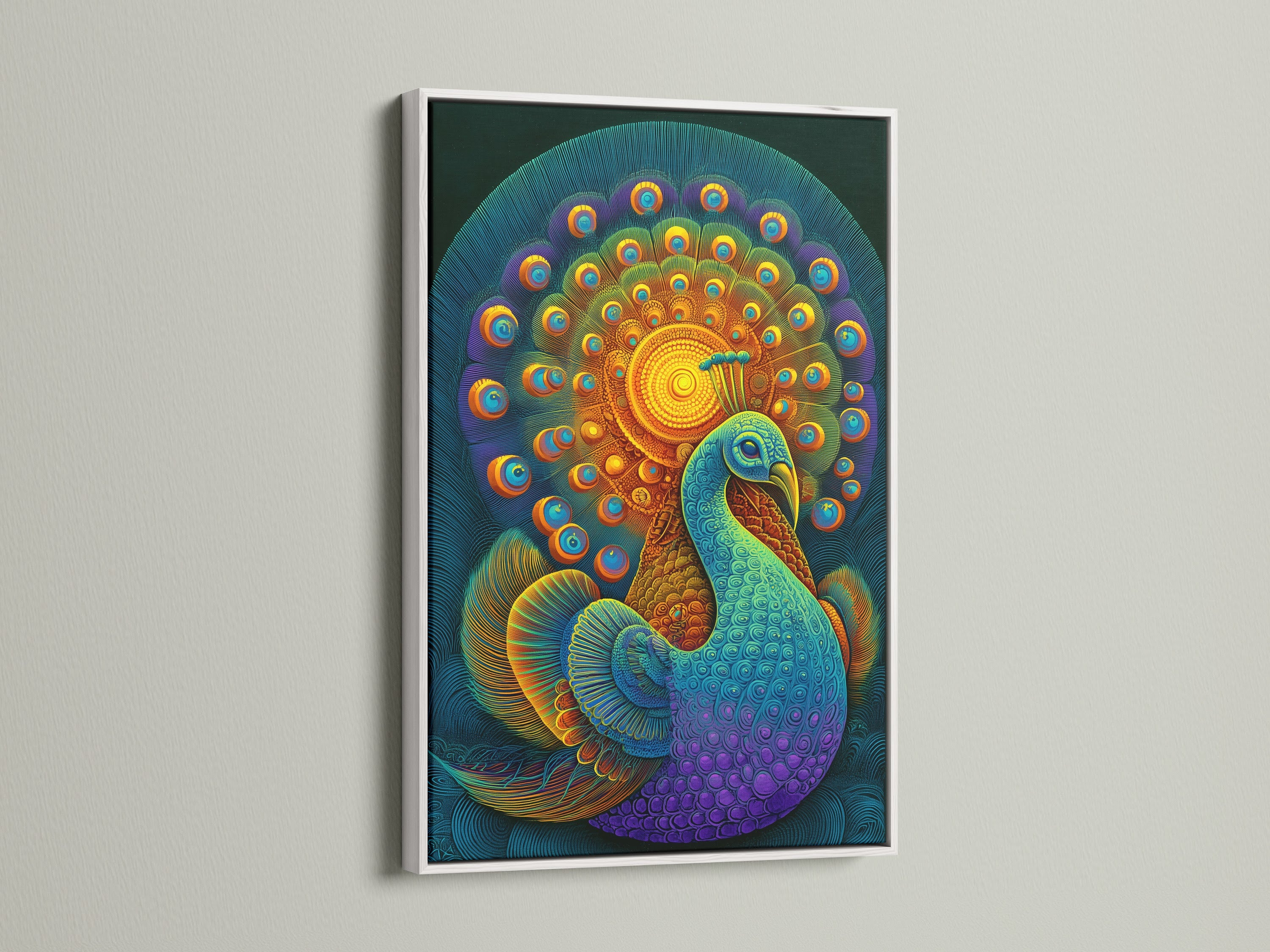 Bohemian Peacock artwork with teal and gold accents in a white frame. The white frame enhances the vibrant colors of the peacock artwork. Ideal for adding a pop of color to a modern space. A great piece of eclectic wall decor.
