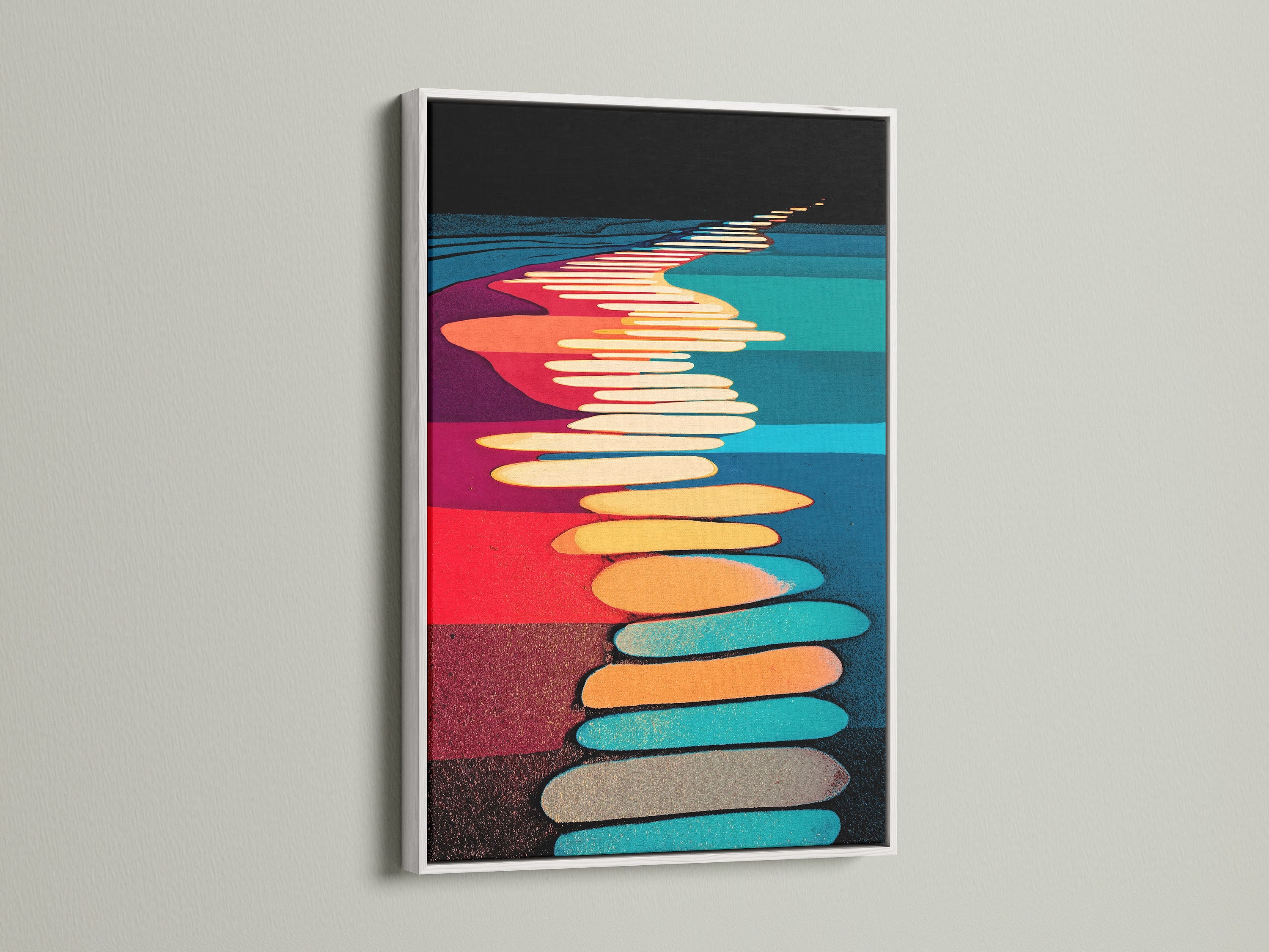 Modern colorful wall art in a white frame. This abstract pathway artwork brings a vibrant touch. The geometric print features a contemporary style. Perfect as modern canvas art for any room. Enhance your home wall decor. Discover our abstract artwork and geometric prints.