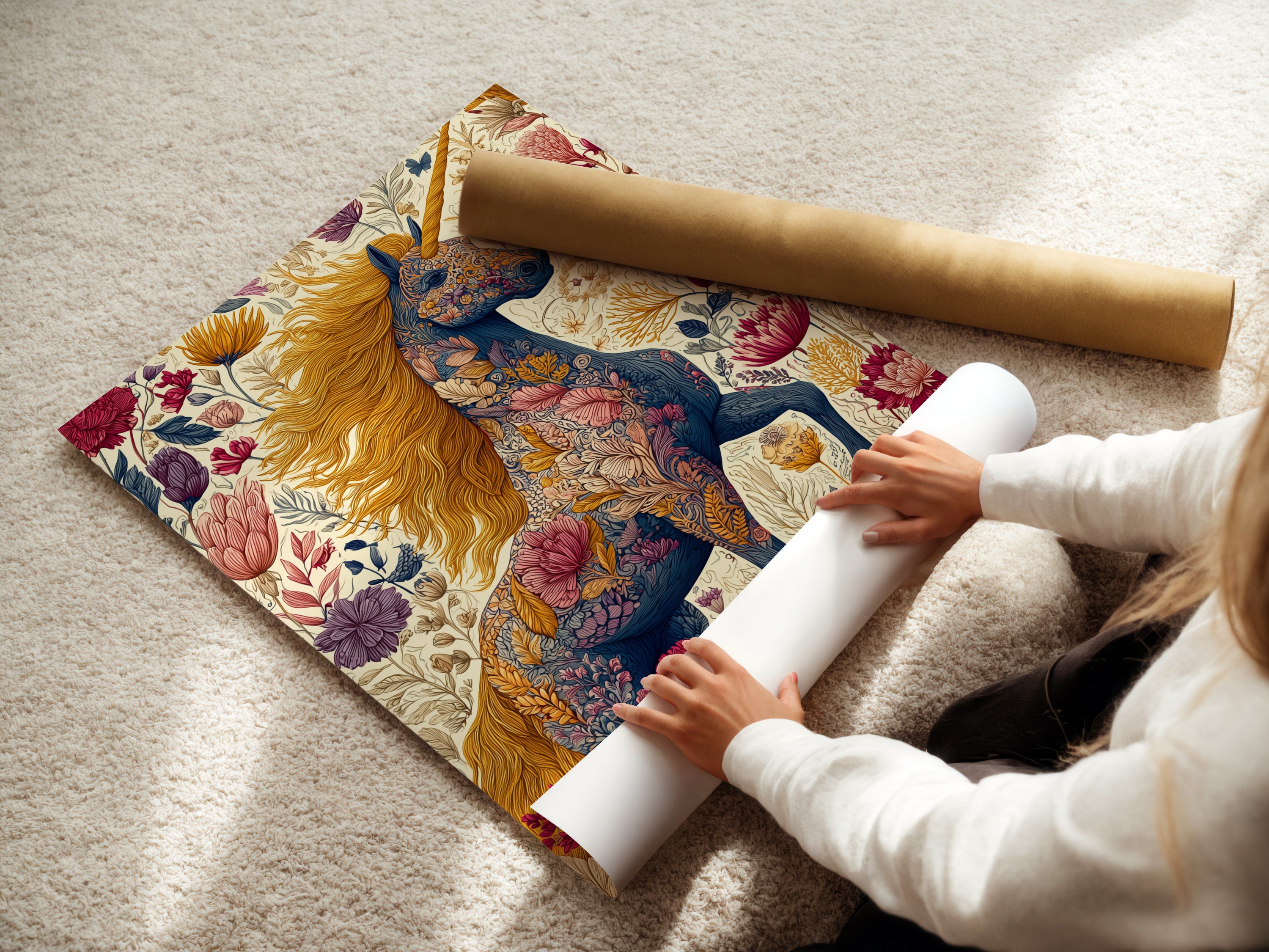 A woman is carefully rolling a fine art poster paper. This shows the care and attention to detail. High-quality materials ensure your artwork looks its best. Get ready to display your new floral unicorn art. Experience the beauty of fine art prints.