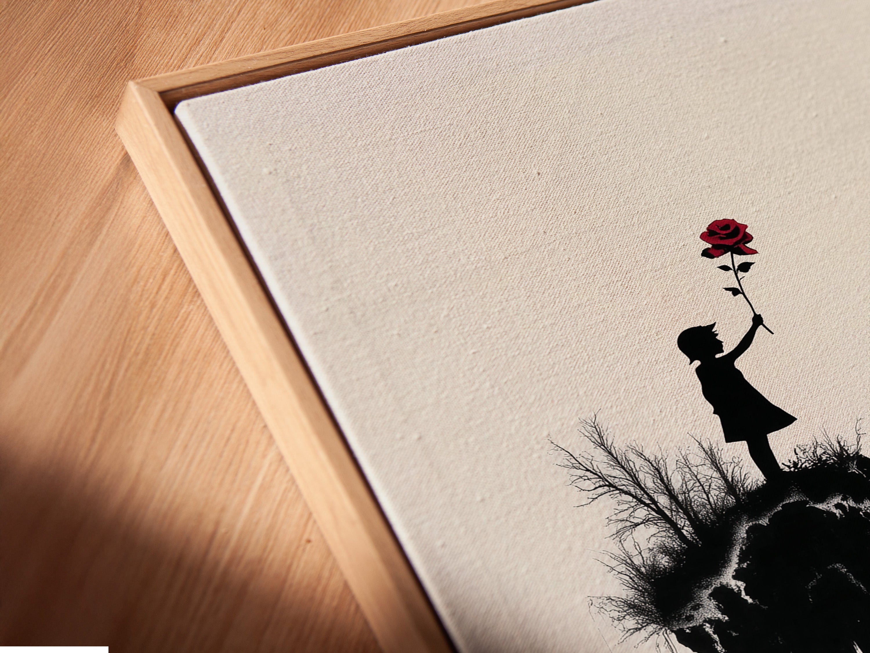 Close-up of a canvas print in a floating frame. The frame enhances the artwork. It gives it a modern gallery look. Perfect for showcasing your favorite pieces of art.