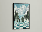 The Chess Arctic Canvas Print in a black frame offers striking contrast. The black frame emphasizes the teal chessboard and polar bear artwork. It brings a bold and modern look to game room decor. This chess art is a great gift for chess players and art collectors.