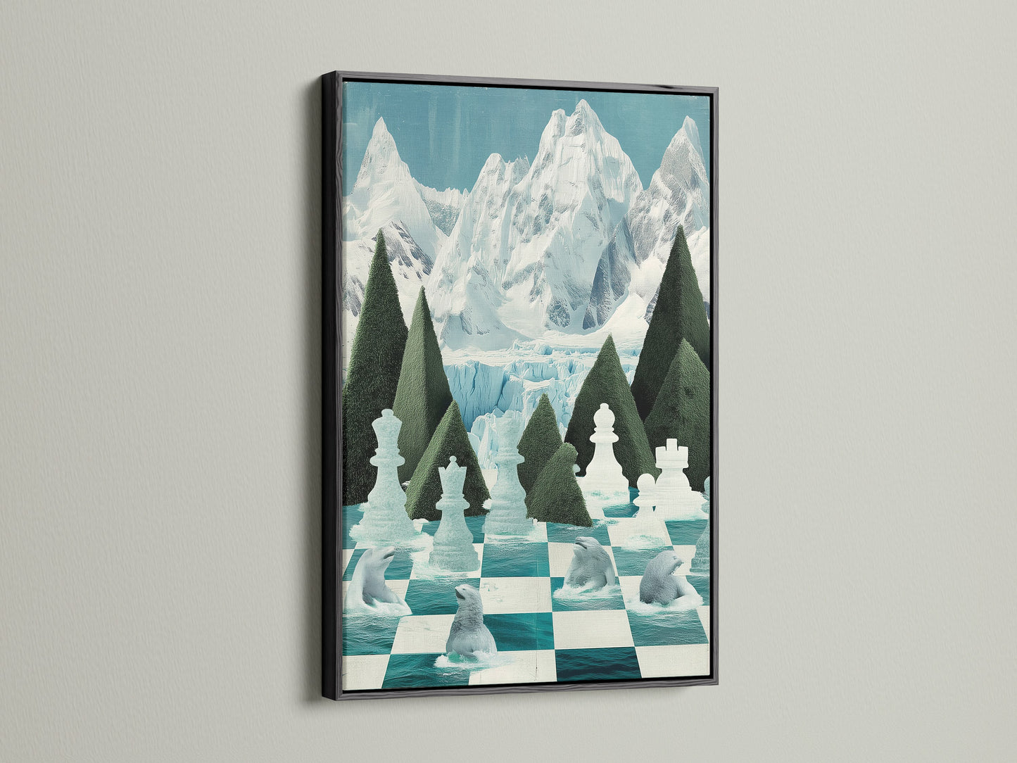 The Chess Arctic Canvas Print in a black frame offers striking contrast. The black frame emphasizes the teal chessboard and polar bear artwork. It brings a bold and modern look to game room decor. This chess art is a great gift for chess players and art collectors.