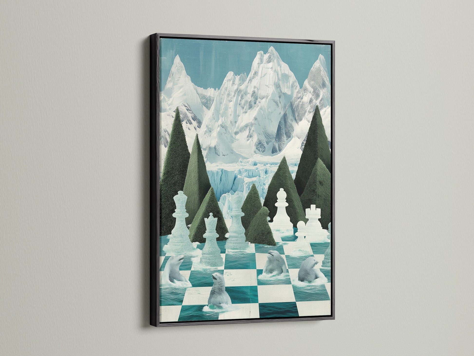 The Chess Arctic Canvas Print in a black frame offers striking contrast. The black frame emphasizes the teal chessboard and polar bear artwork. It brings a bold and modern look to game room decor. This chess art is a great gift for chess players and art collectors.