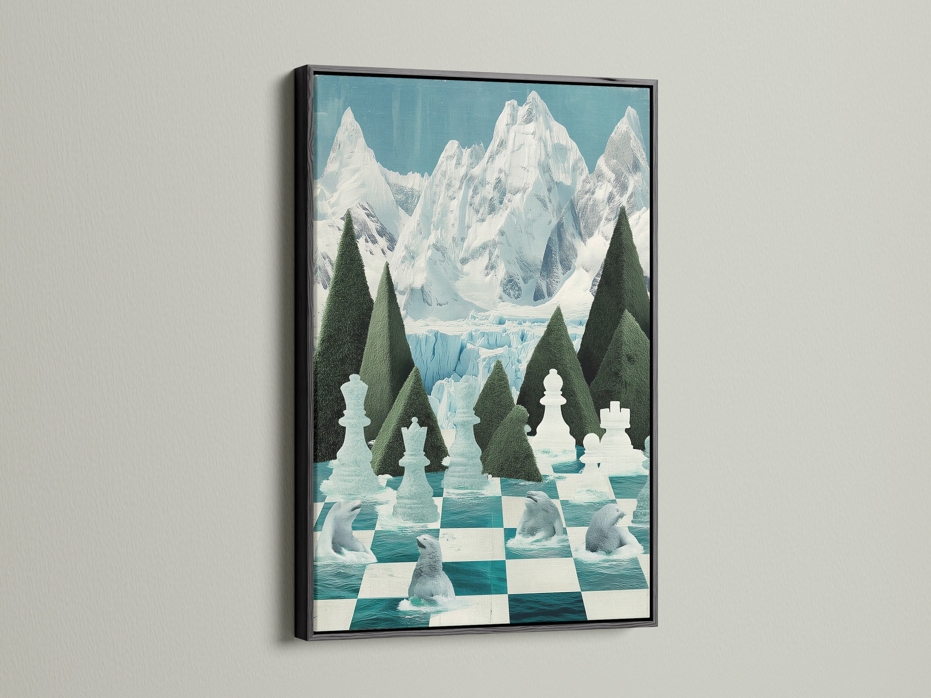 The Chess Arctic Canvas Print in a black frame offers striking contrast. The black frame emphasizes the teal chessboard and polar bear artwork. It brings a bold and modern look to game room decor. This chess art is a great gift for chess players and art collectors.