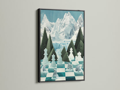 The Chess Arctic Canvas Print in a black frame offers striking contrast. The black frame emphasizes the teal chessboard and polar bear artwork. It brings a bold and modern look to game room decor. This chess art is a great gift for chess players and art collectors.