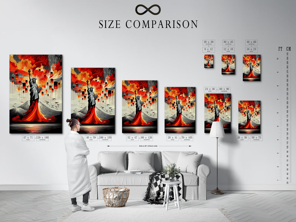 A size comparison chart in an interior setting shows the Statue of Liberty artwork. Visualize the different sizes available for this modern art print. Find the perfect size to fit your living room bedroom or office wall. Make the right choice for your space.