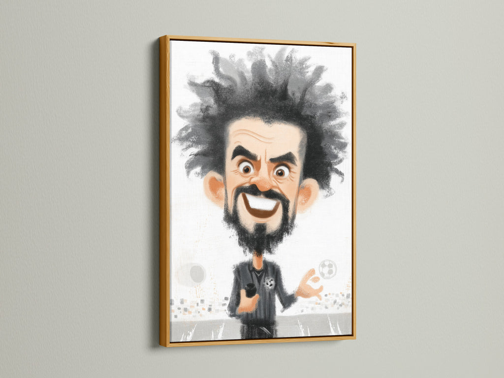 A framed soccer coach caricature art print is displayed in a gold frame. This sports artwork is a great cartoon canvas print for the ultimate sports fan. It makes a unique gift for him or any soccer coach.