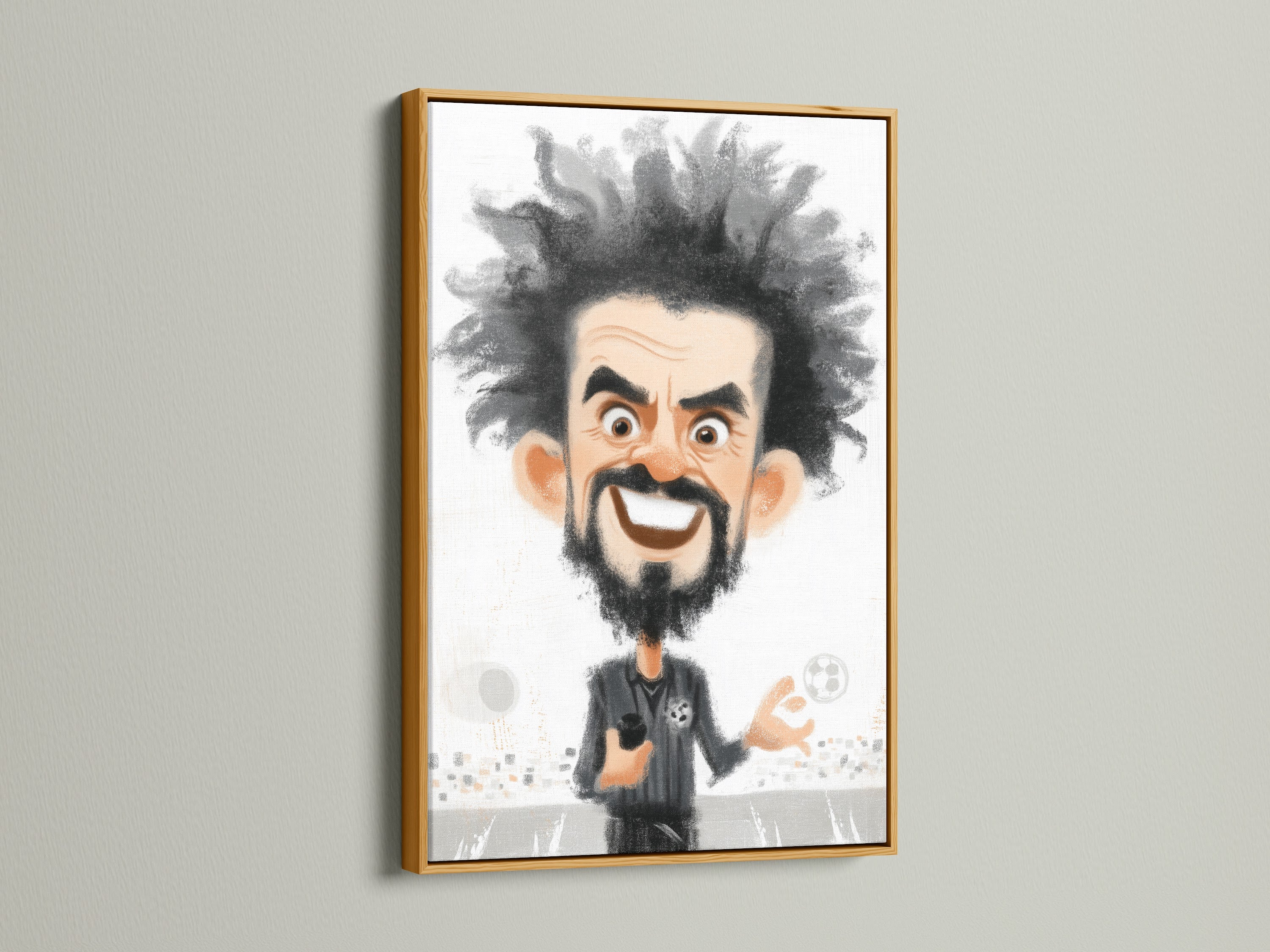 A framed soccer coach caricature art print is displayed in a gold frame. This sports artwork is a great cartoon canvas print for the ultimate sports fan. It makes a unique gift for him or any soccer coach.