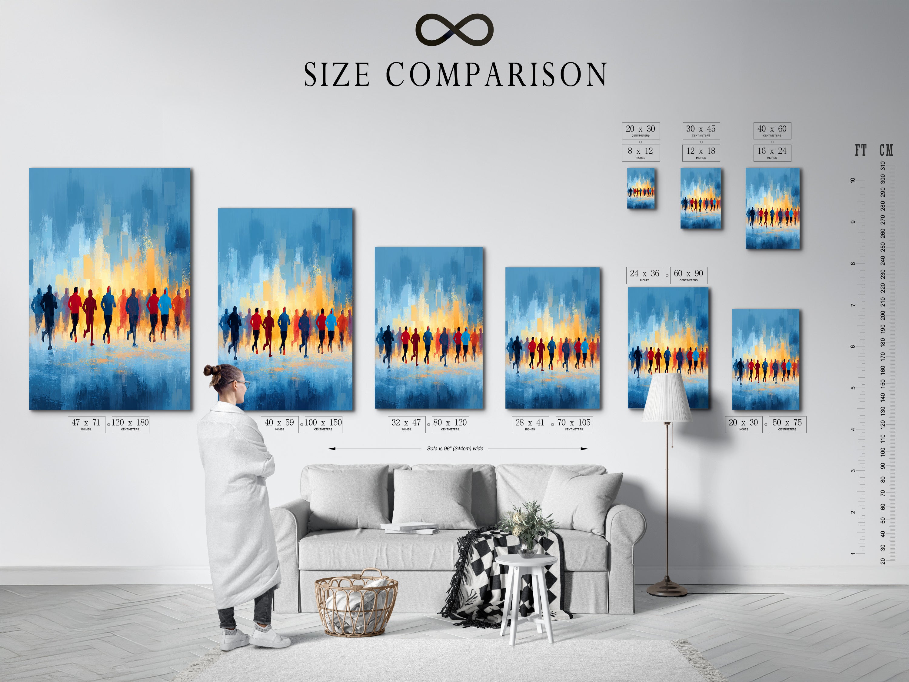 Size comparison chart displayed in an interior setting featuring marathon runners artwork. This sports wall art in blue and orange is perfect for visualizing how it fits in your space. Ideal for home gym decor. Find the perfect size for your motivational fitness art.