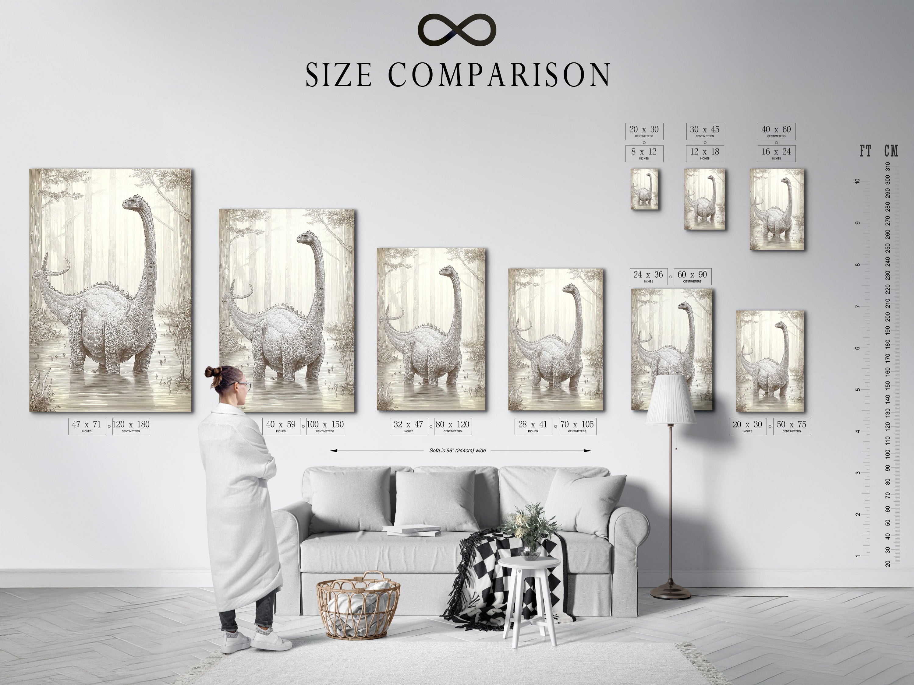 This is a size comparison chart in an interior setting. It shows how different sizes look in a room. This chart helps visualize the best fit for your space. Find the perfect artwork size.