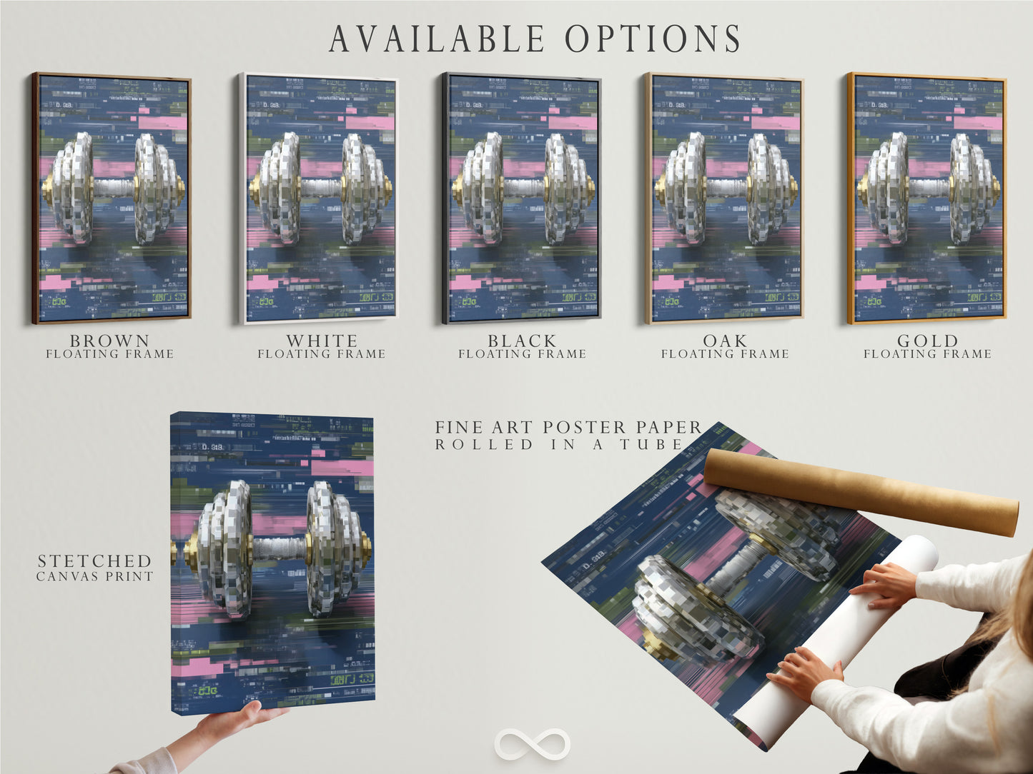 Available options for the Digital Glitch Dumbbell art. Choose between a stretched canvas print a fine art poster paper or a floating frame. Find the perfect fit for your home gym decor.