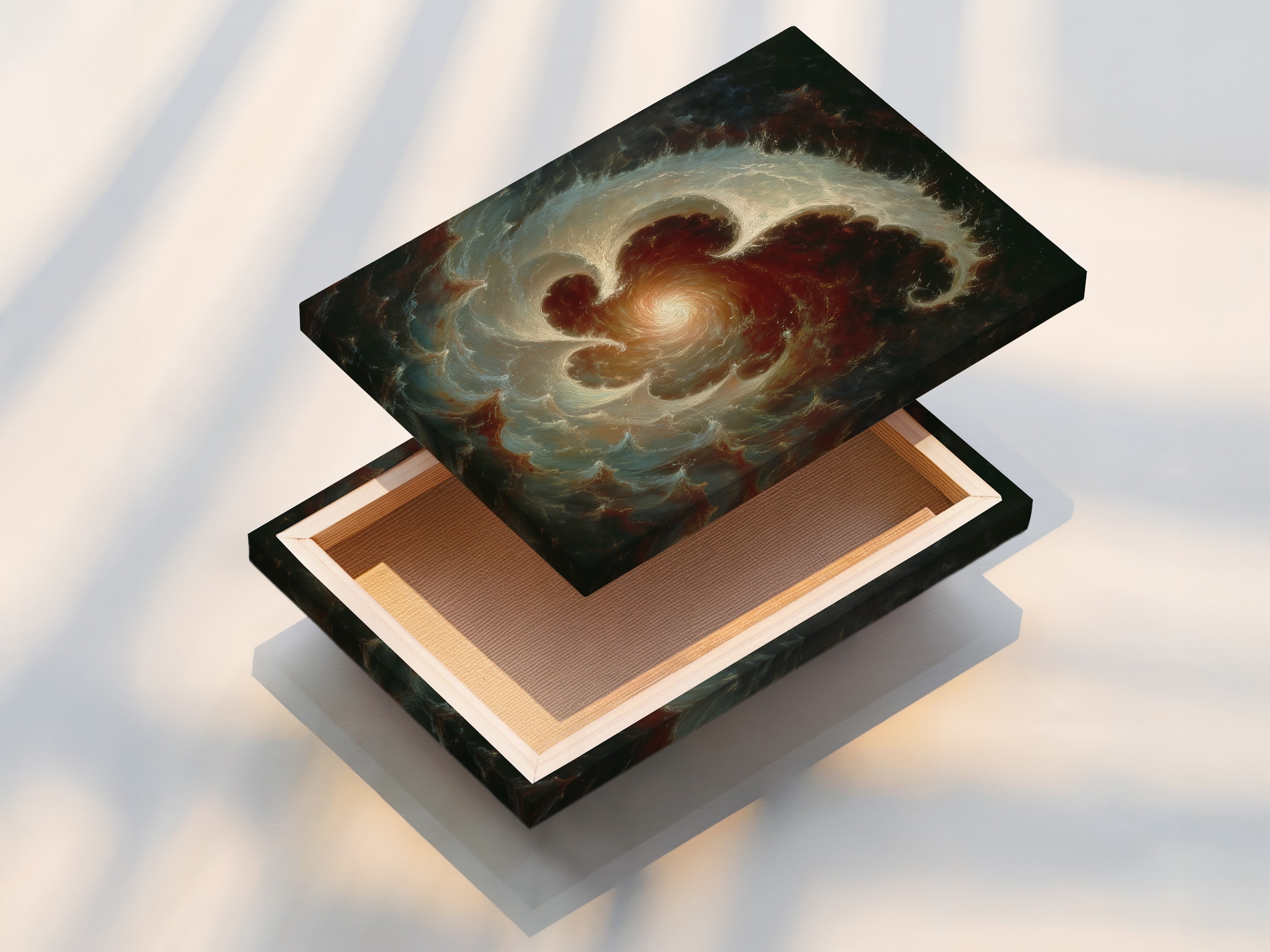 A stretched canvas print of the Celestial Vortex is displayed. The abstract galaxy wall art is perfect for library wall art. The moody tones make a unique focal point. It is a great piece of cosmic artwork. It enhances decor.