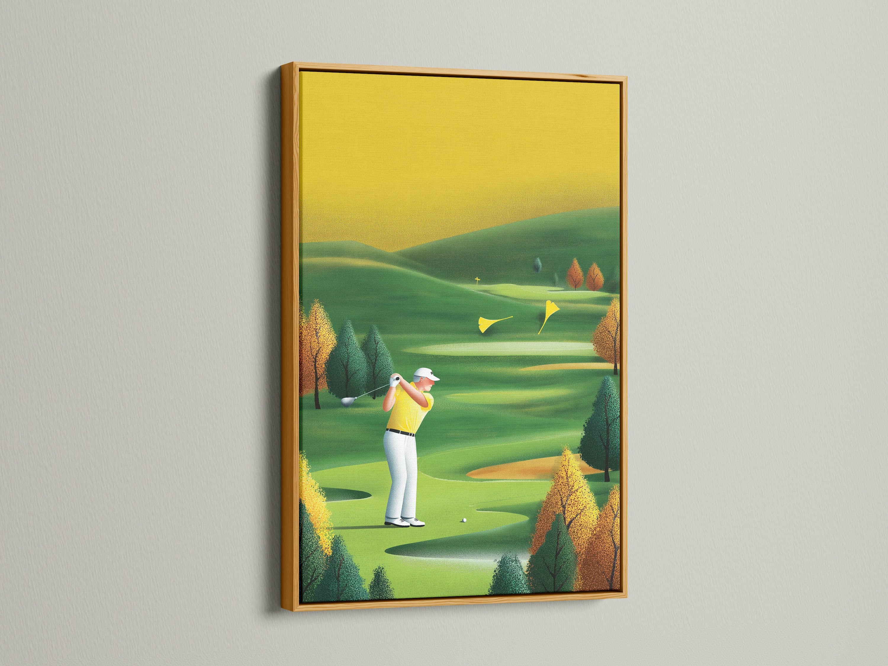 Elegant golf art print in a gold frame. This vintage golf art is a luxurious addition to your home. Perfect for sports wall decor. The golfer artwork enhances any office or man cave. A sophisticated golf lover gift. Elevate your space with this golf course print.