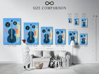A size comparison chart in an interior setting features abstract jazz artwork. This helps visualize the perfect fit for your space. Ideal for homeowners renters music teachers and business owners alike.