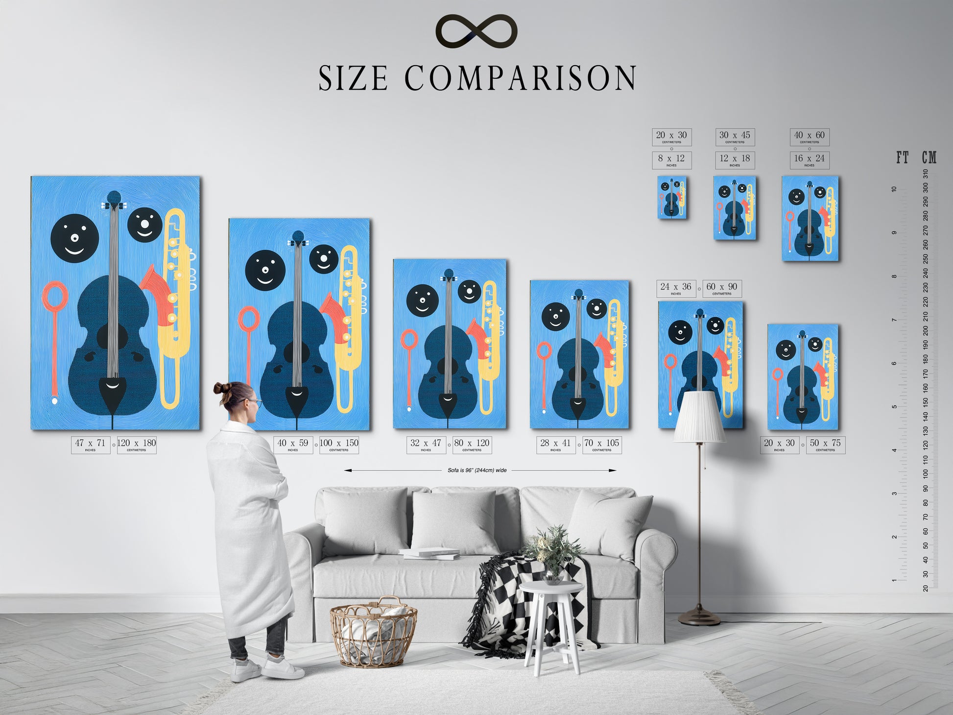 A size comparison chart in an interior setting features abstract jazz artwork. This helps visualize the perfect fit for your space. Ideal for homeowners renters music teachers and business owners alike.