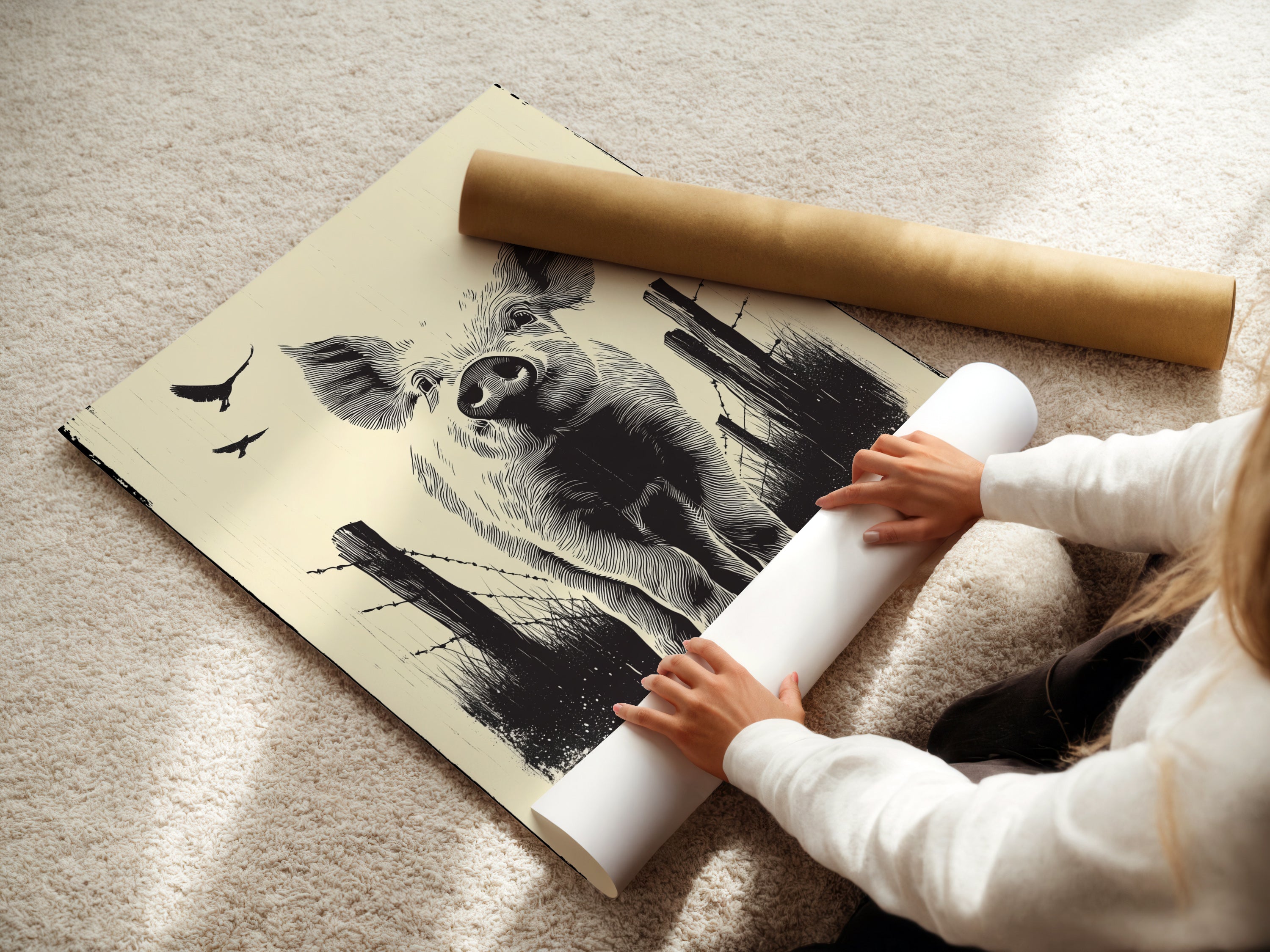 Woman carefully rolling a fine art poster paper. Perfect for creating pig wall art and farm animal prints. Enhance your country home decor with rustic kitchen art. The farmhouse artwork adds charm.