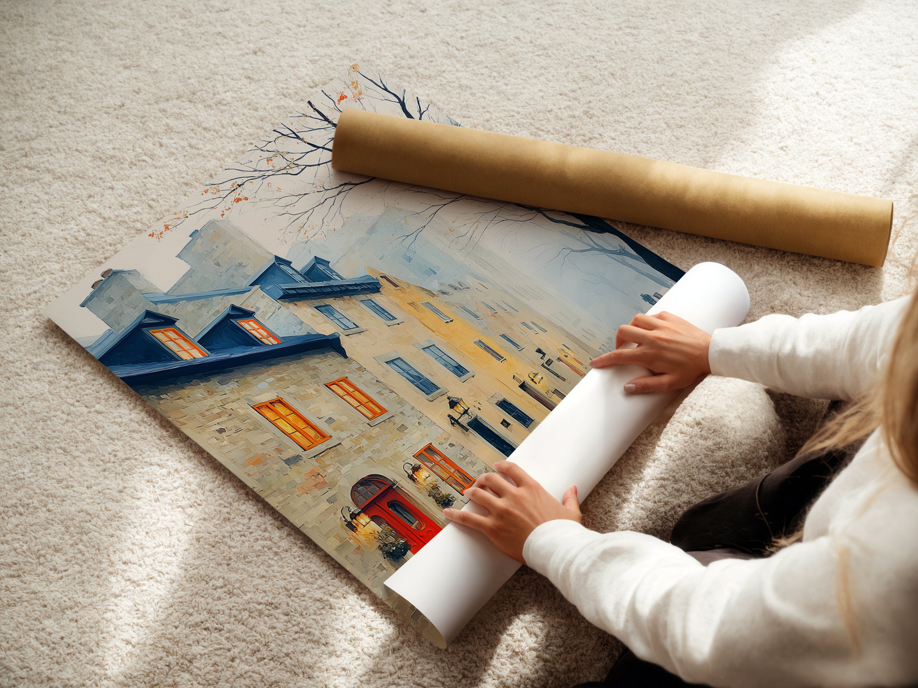 A woman rolls a fine art poster paper featuring a vintage European cityscape artwork. The artwork captures a foggy street scene with classic buildings. Perfect for study room decor or living room art. Add antique style to your home with this urban landscape.