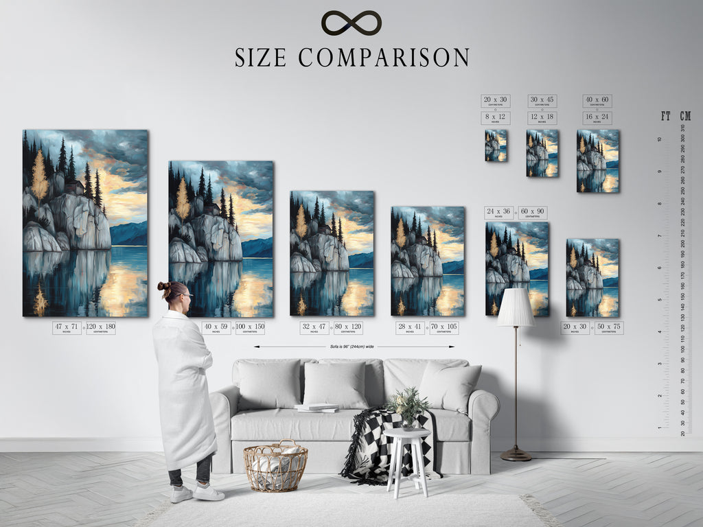 Size comparison chart displayed in an interior setting showcasing the Lakeside Cliff artwork. Find the perfect size for your serene mountain wall art. This moody landscape artwork is ideal for study rooms. The blue and gray tones create a tranquil scene. Suitable for homes and businesses.
