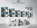 Size comparison chart displayed in an interior setting showcasing the Lakeside Cliff artwork. Find the perfect size for your serene mountain wall art. This moody landscape artwork is ideal for study rooms. The blue and gray tones create a tranquil scene. Suitable for homes and businesses.