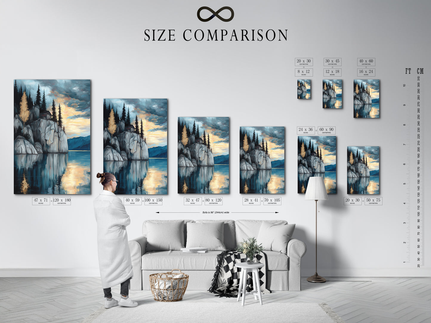 Size comparison chart displayed in an interior setting showcasing the Lakeside Cliff artwork. Find the perfect size for your serene mountain wall art. This moody landscape artwork is ideal for study rooms. The blue and gray tones create a tranquil scene. Suitable for homes and businesses.