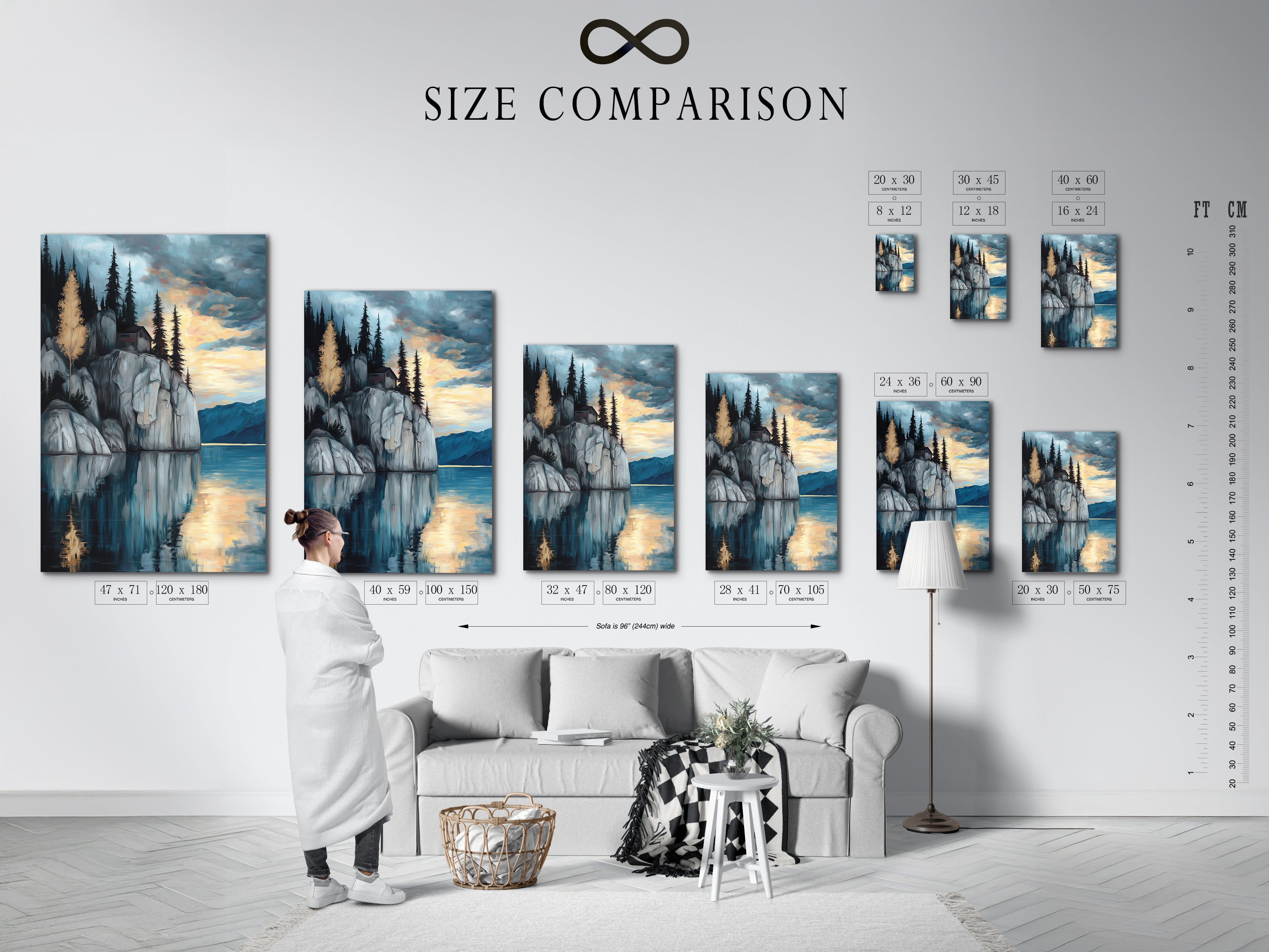 Size comparison chart displayed in an interior setting showcasing the Lakeside Cliff artwork. Find the perfect size for your serene mountain wall art. This moody landscape artwork is ideal for study rooms. The blue and gray tones create a tranquil scene. Suitable for homes and businesses.