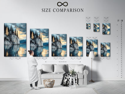 Size comparison chart displayed in an interior setting showcasing the Lakeside Cliff artwork. Find the perfect size for your serene mountain wall art. This moody landscape artwork is ideal for study rooms. The blue and gray tones create a tranquil scene. Suitable for homes and businesses.
