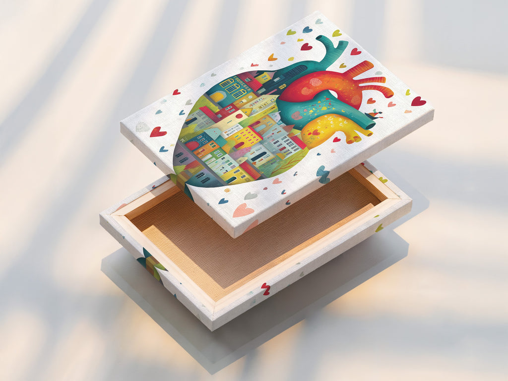 A stretched canvas print displays the anatomical heart artwork. The heart is composed of colorful city houses. This contemporary medical art is ready to hang. The stretched canvas provides a gallery-quality look. Perfect for adding a unique touch to any room.