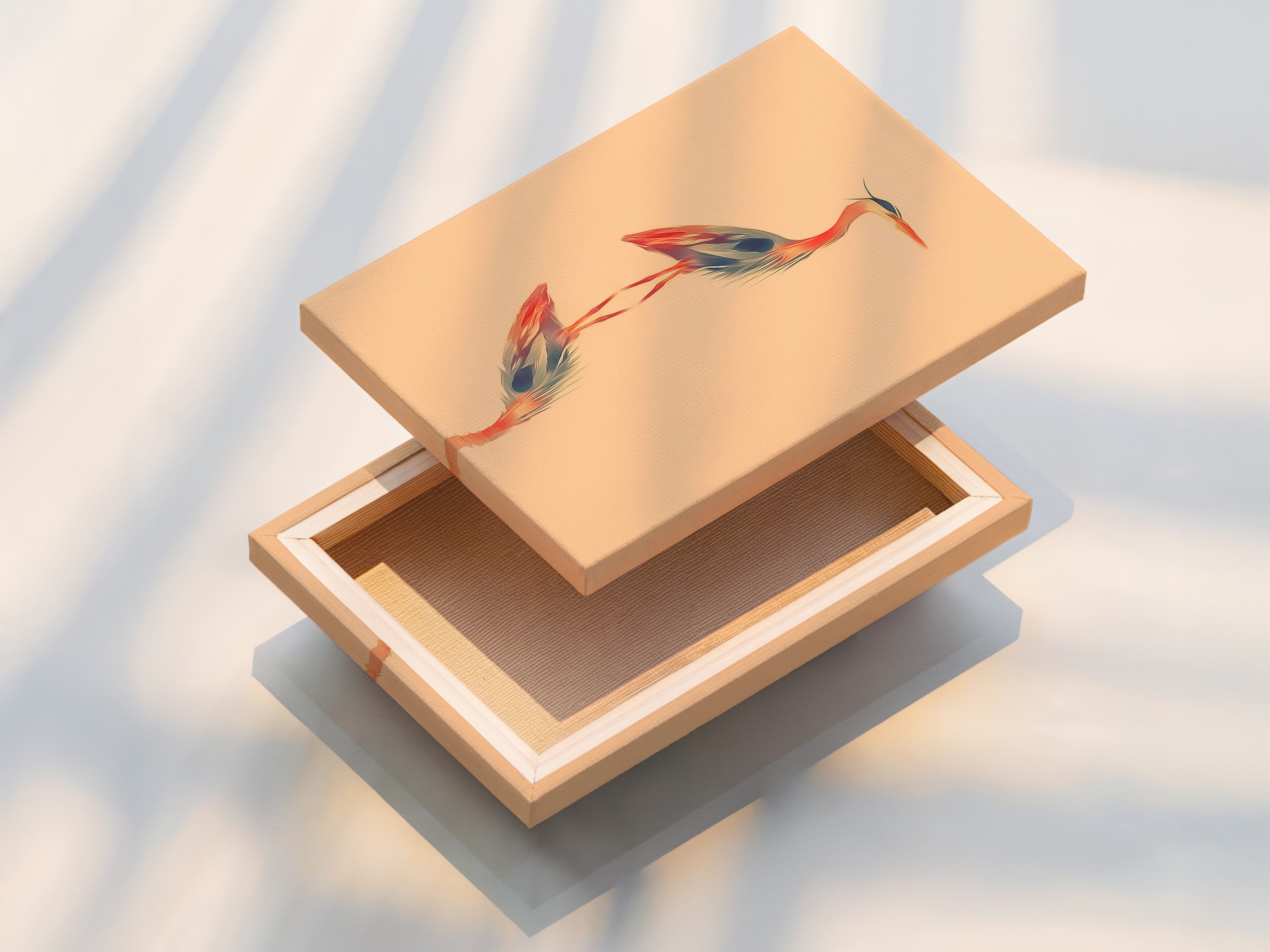 Stretched canvas print of heron artwork. The coastal wall art is ready to hang. This modern minimalist artwork enhances any room. The bird canvas print brings nature indoors. Perfect for creating a serene atmosphere.