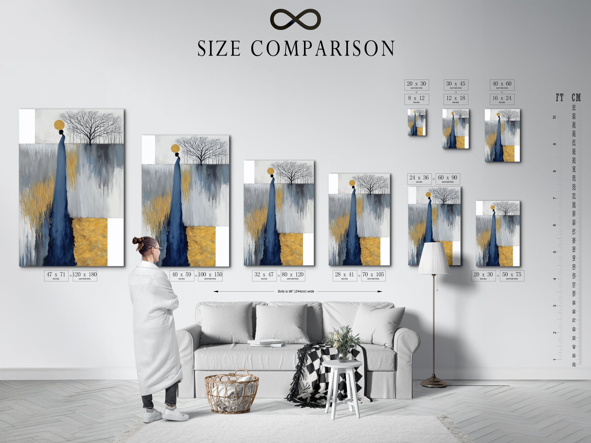 A size comparison chart is shown in an interior setting. This helps visualize the scale of different artwork options. You can see how the abstract figure canvas print fits in various spaces. This chart aids in selecting the perfect size for entryway decor or hallway art.