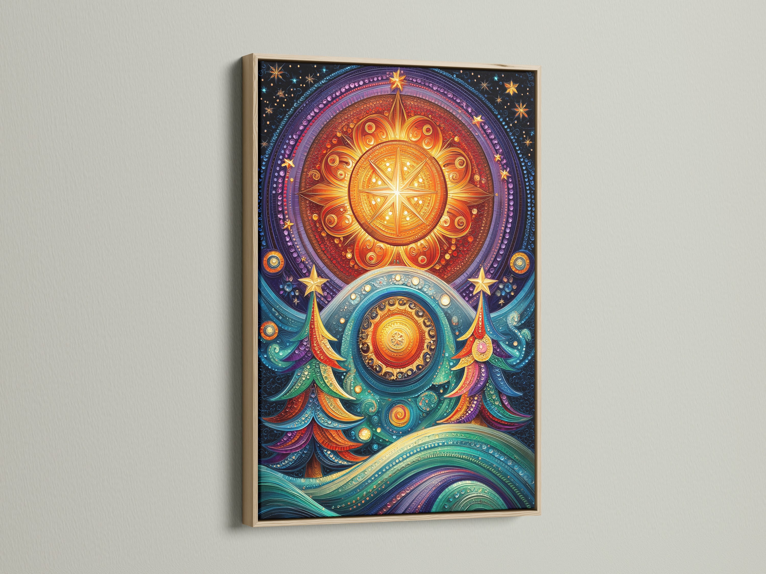 Celestial Tree Canvas Print showcasing boho mandala artwork in an oak frame. This colorful starry night art enhances any room. Ideal for meditation decor. It brings a spiritual bohemian touch. Transform your living space with this vibrant art.