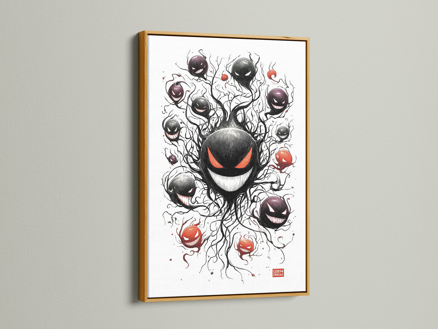 A gold frame adds a touch of elegance to your artwork. Consider a gold frame for the ghostly haunter artwork. The gold finish complements spooky anime and digital art prints. This elevates your red-eyed monster poster.