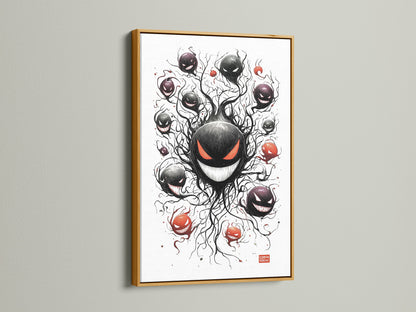 A gold frame adds a touch of elegance to your artwork. Consider a gold frame for the ghostly haunter artwork. The gold finish complements spooky anime and digital art prints. This elevates your red-eyed monster poster.