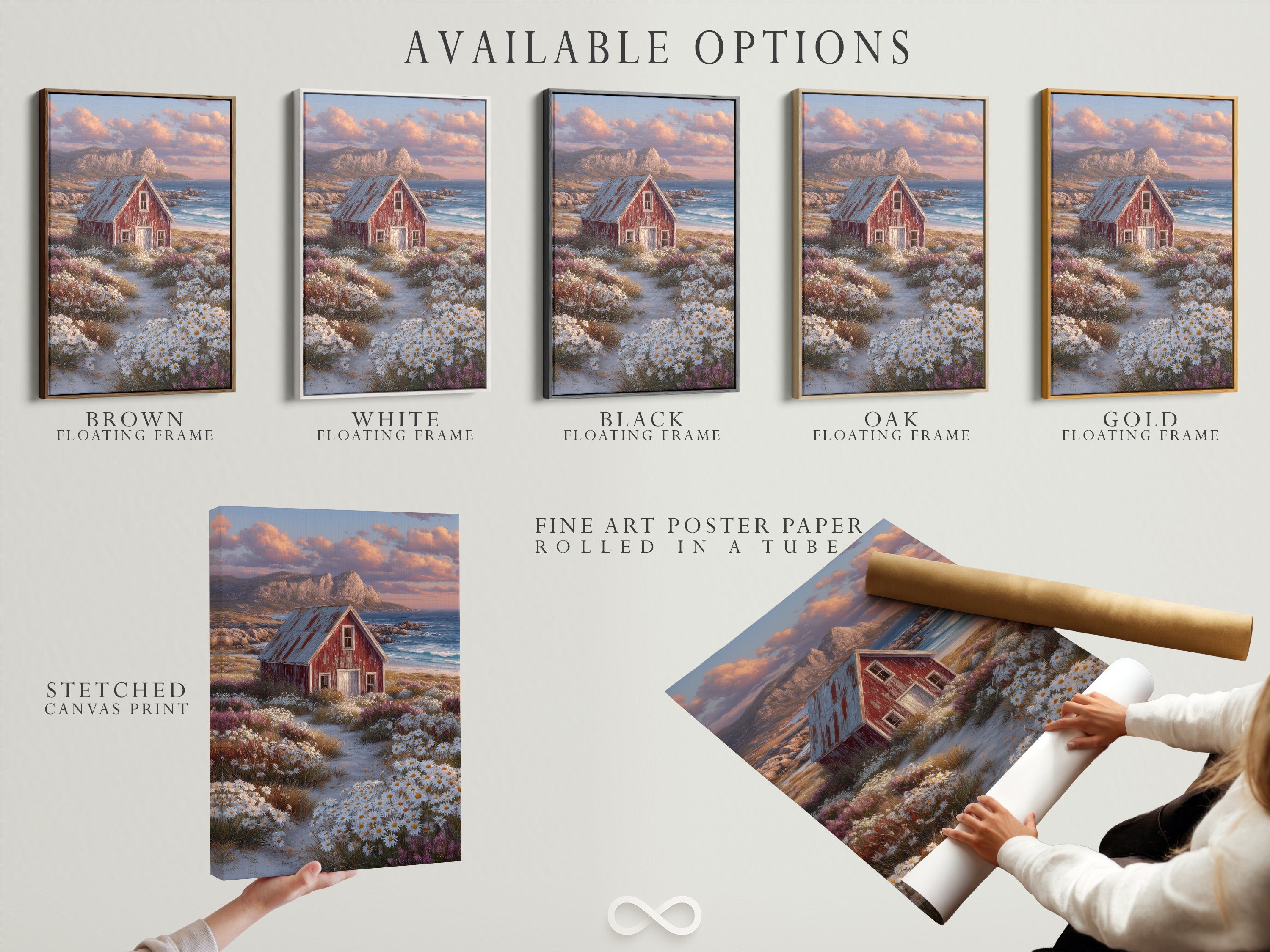 Available options for coastal cottage artwork displayed. The options include stretched canvas prints. Also fine art poster paper and floating frames. Perfect for adding a touch of countryside charm to studios and boutiques.