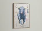 Framed bull artwork with an oak frame. This modern animal canvas is an abstract print. A great piece of farmhouse decor for your study room. Consider this taurus zodiac art.